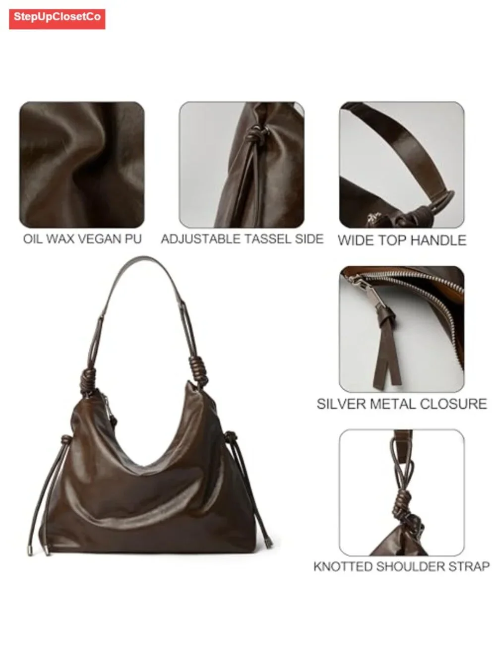 Large Travel Hobo Bag Women Shoulder Purse Faux Leather Knotted Adjustable Strap
